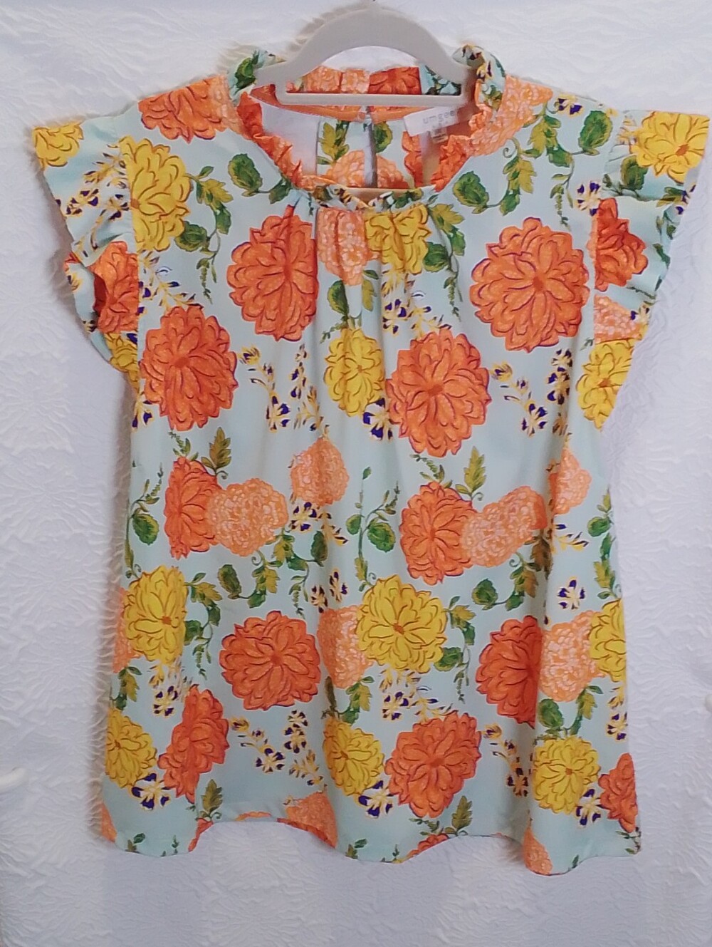 Umgee 2XL Floral Ruffle Sleeve Blouse Boho Cottagecore Aqua Orange